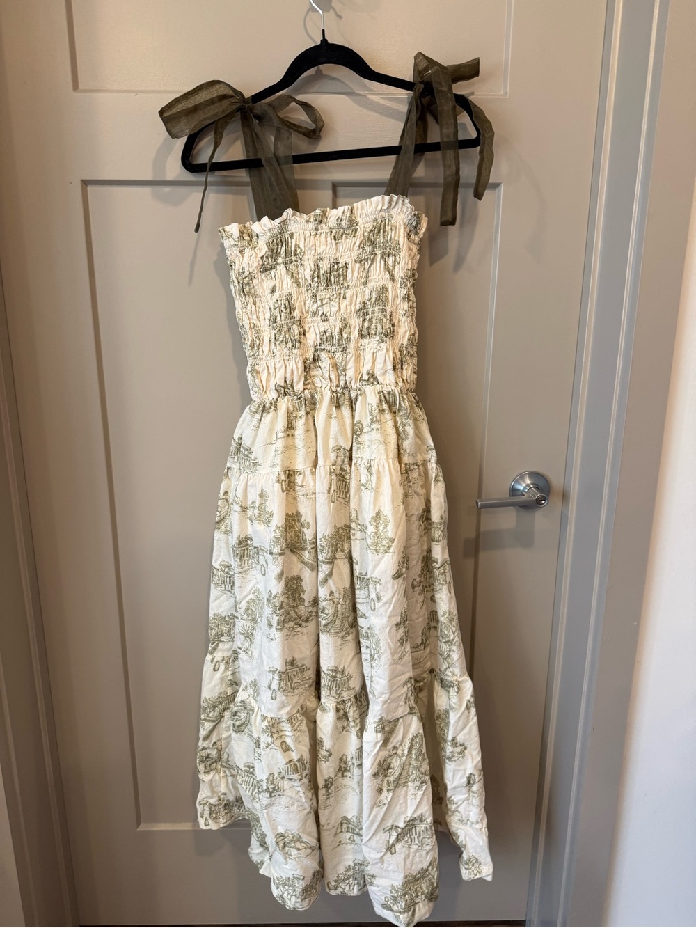 Smocked Green Toile Tie-Shoulder Dress in Ivory and Olive